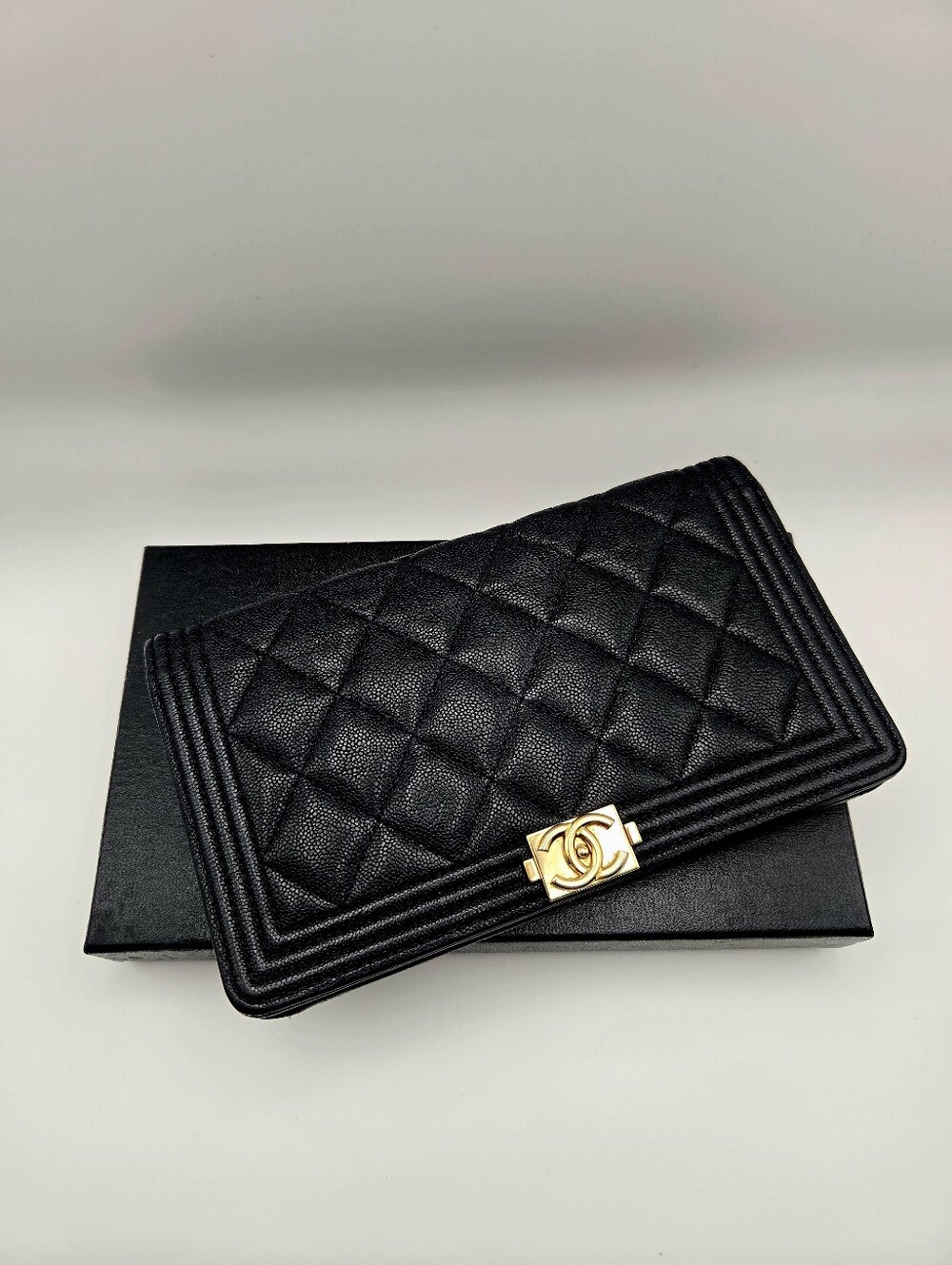 CHANEL Black Quilted Leather Wallet with Gold CC Turn-Lock